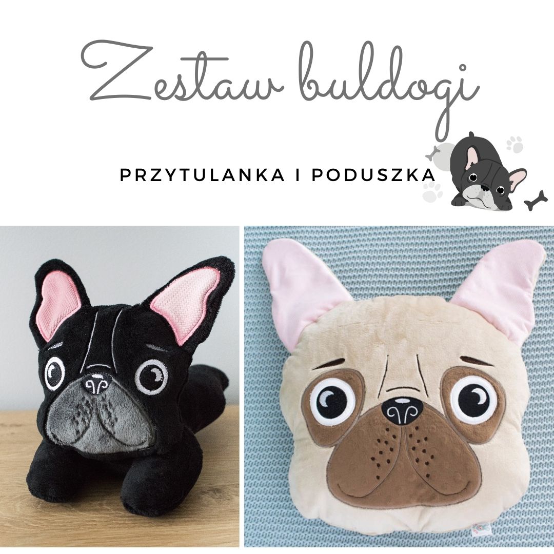 zestaw buldog poduszka i przytulanka, maskotka buldog i poduszka buldog szyte ręcznie, kolekcja buldogi