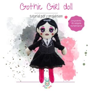 Gothic girl doll lalka w stylu gotka, lalka halloween, lalka do uszyia projekt na hafciarkę