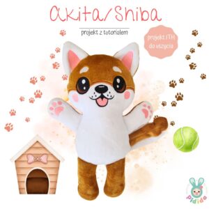 piesek projekt do uszycia na hafciarkę, piesek przytulanka handmade diy, akita, shiba